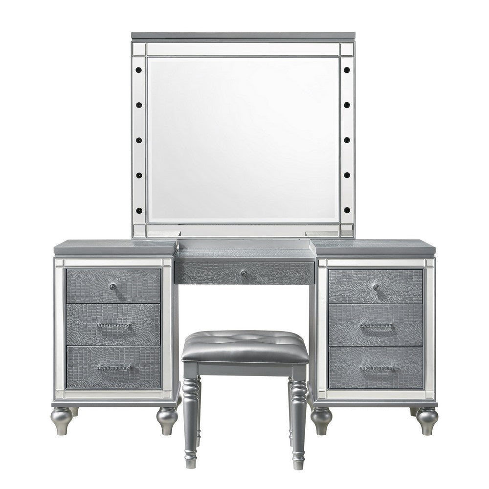 Lee 64 Inch Vanity Table Embossed Inlay 7 Mirror Accented Drawers Gray By Casagear Home BM316473