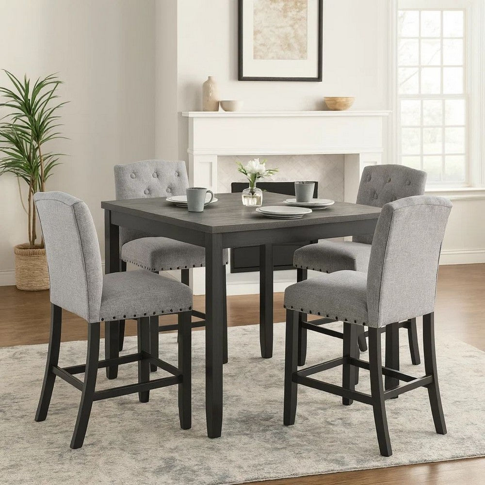 Phy 5pc Counter Table and Chairs Set, Nailheads, Tufted Gray Fabric, Black By Casagear Home