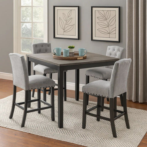 Phy 5pc Counter Table and Chairs Set, Nailheads, Tufted Gray Fabric, Black By Casagear Home