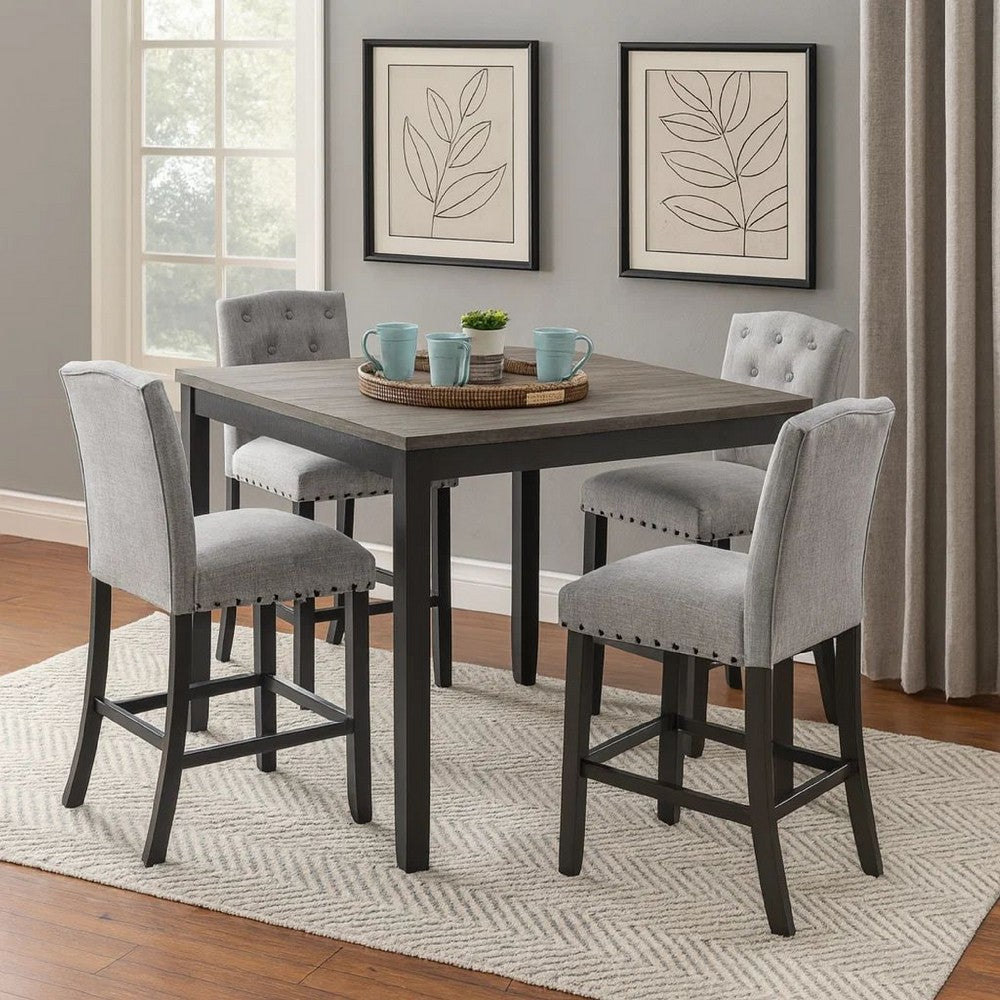 Phy 5pc Counter Table and Chairs Set, Nailheads, Tufted Gray Fabric, Black By Casagear Home
