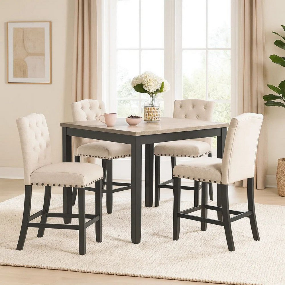 Phy 5pc Counter Table and Chairs Set, Nailheads, Tufted Beige, Brown, Black By Casagear Home