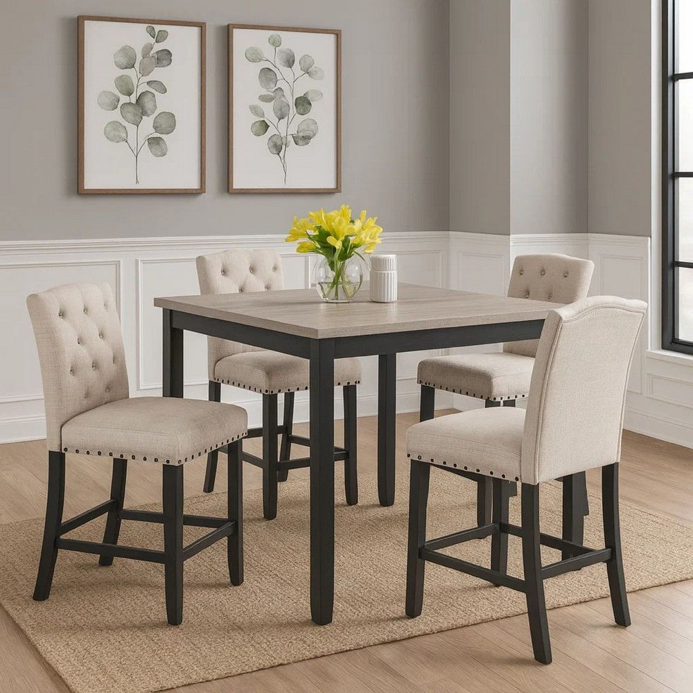 Phy 5pc Counter Table and Chairs Set, Nailheads, Tufted Beige, Brown, Black By Casagear Home