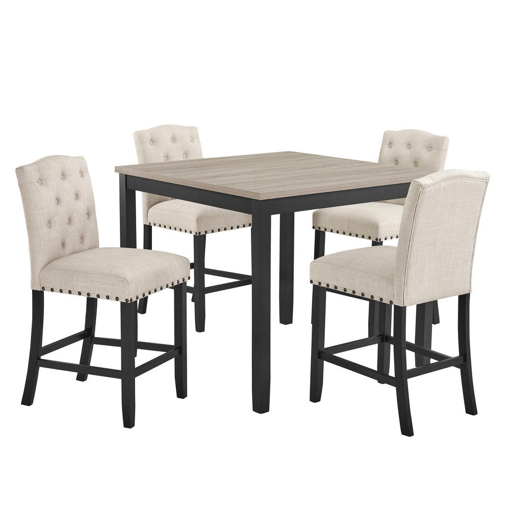 Phy 5pc Counter Table and Chairs Set, Nailheads, Tufted Beige, Brown, Black By Casagear Home