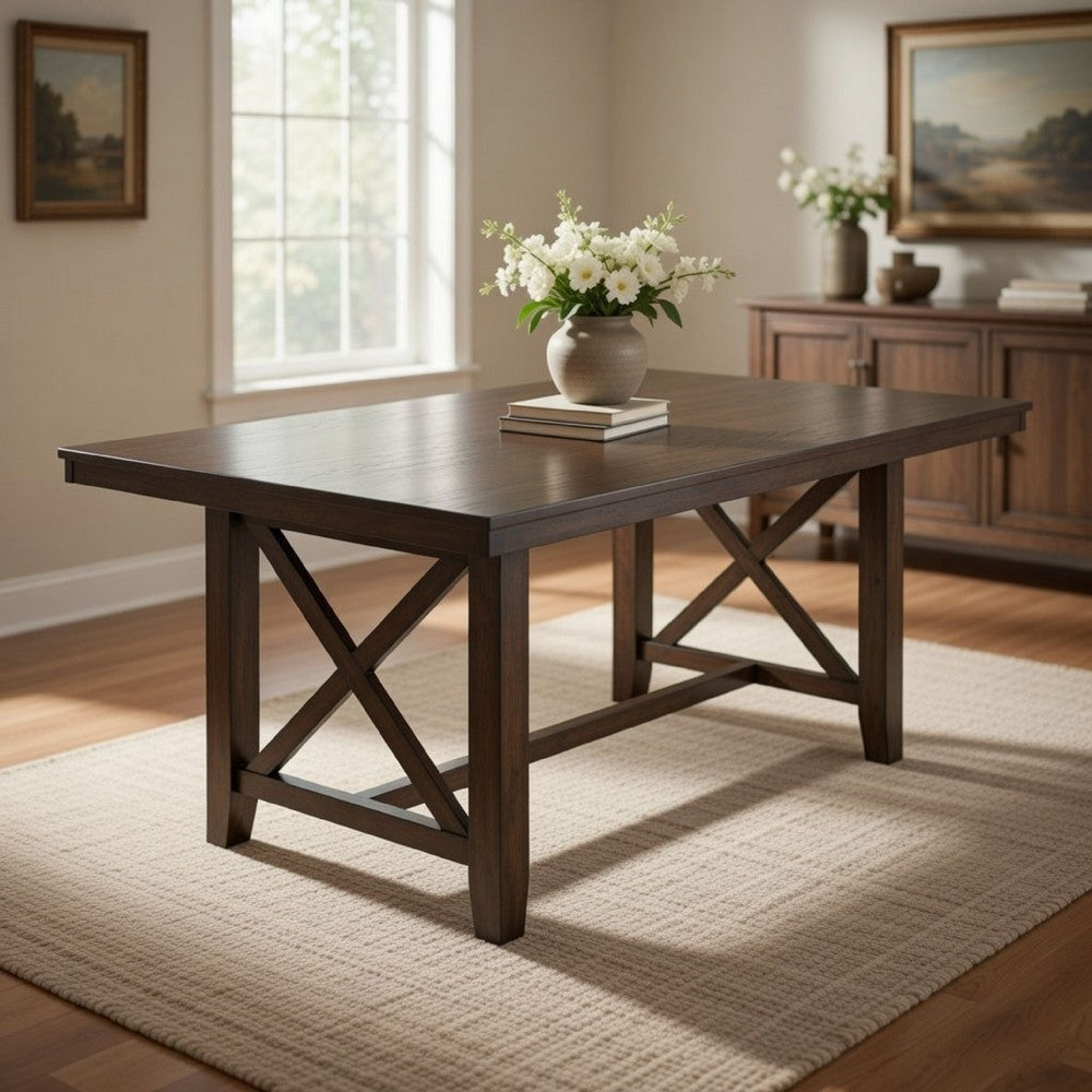Luo 66 Inch Dining Table, Rustic Crossed Base, Rectangular Brown Wood Top By Casagear Home