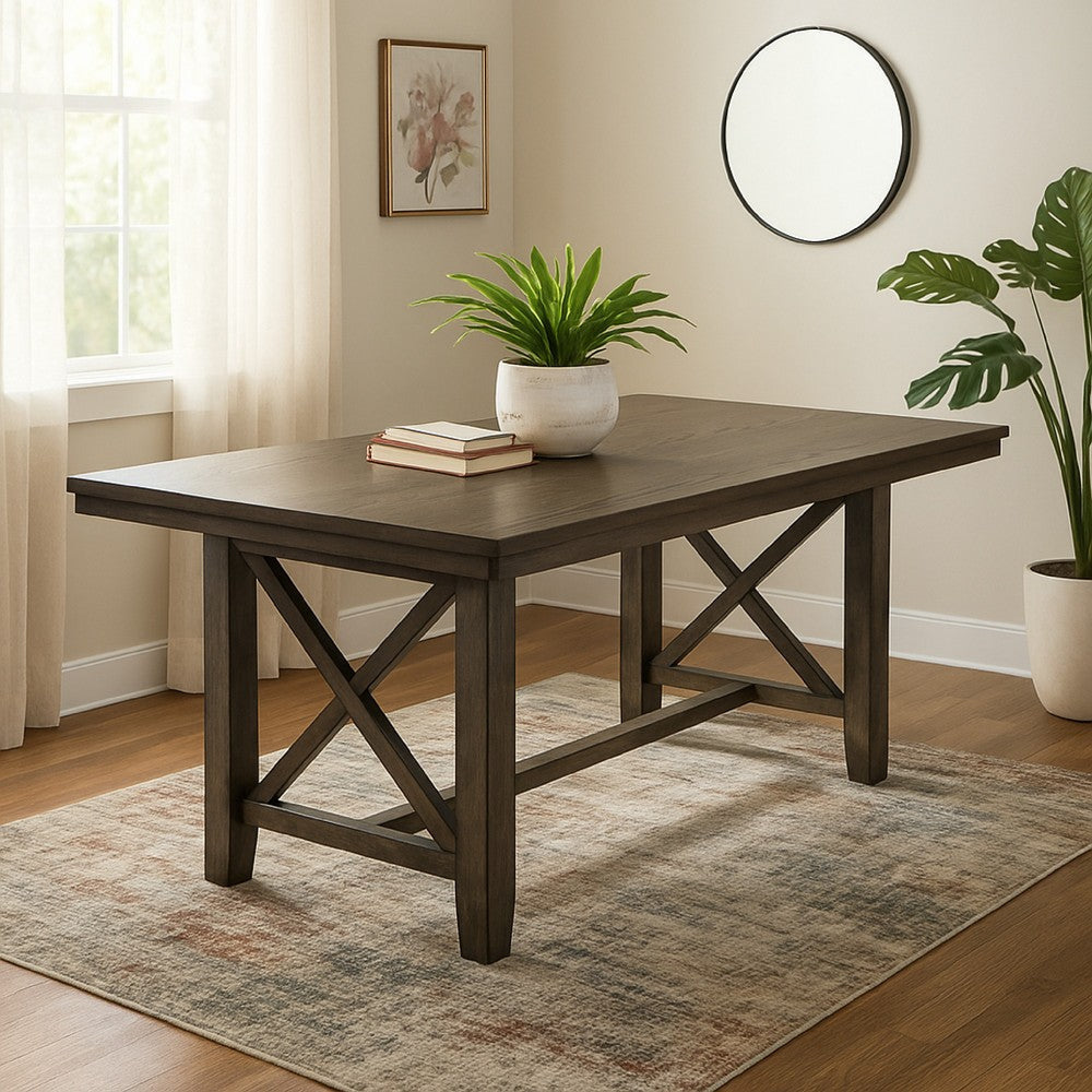 Luo 66 Inch Dining Table, Rustic Crossed Base, Rectangular Brown Wood Top By Casagear Home