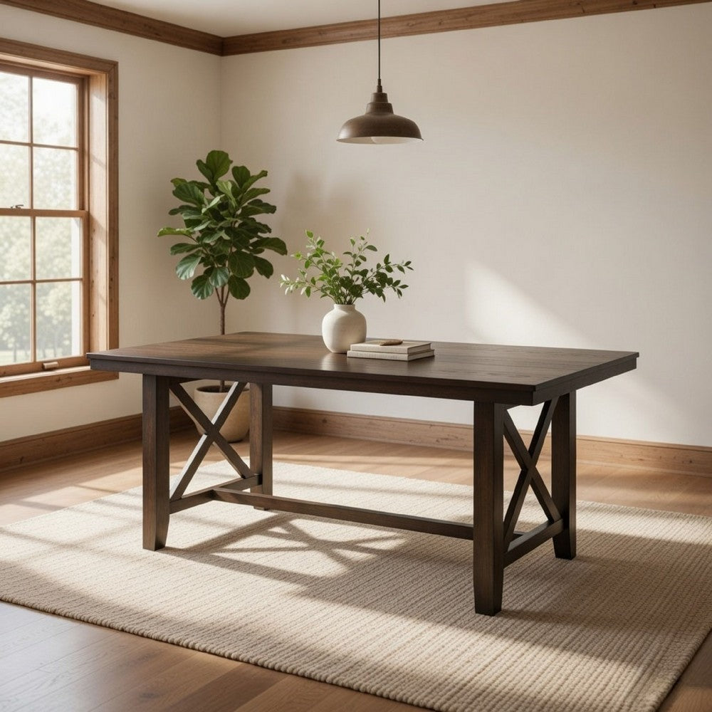 Luo 66 Inch Dining Table, Rustic Crossed Base, Rectangular Brown Wood Top By Casagear Home