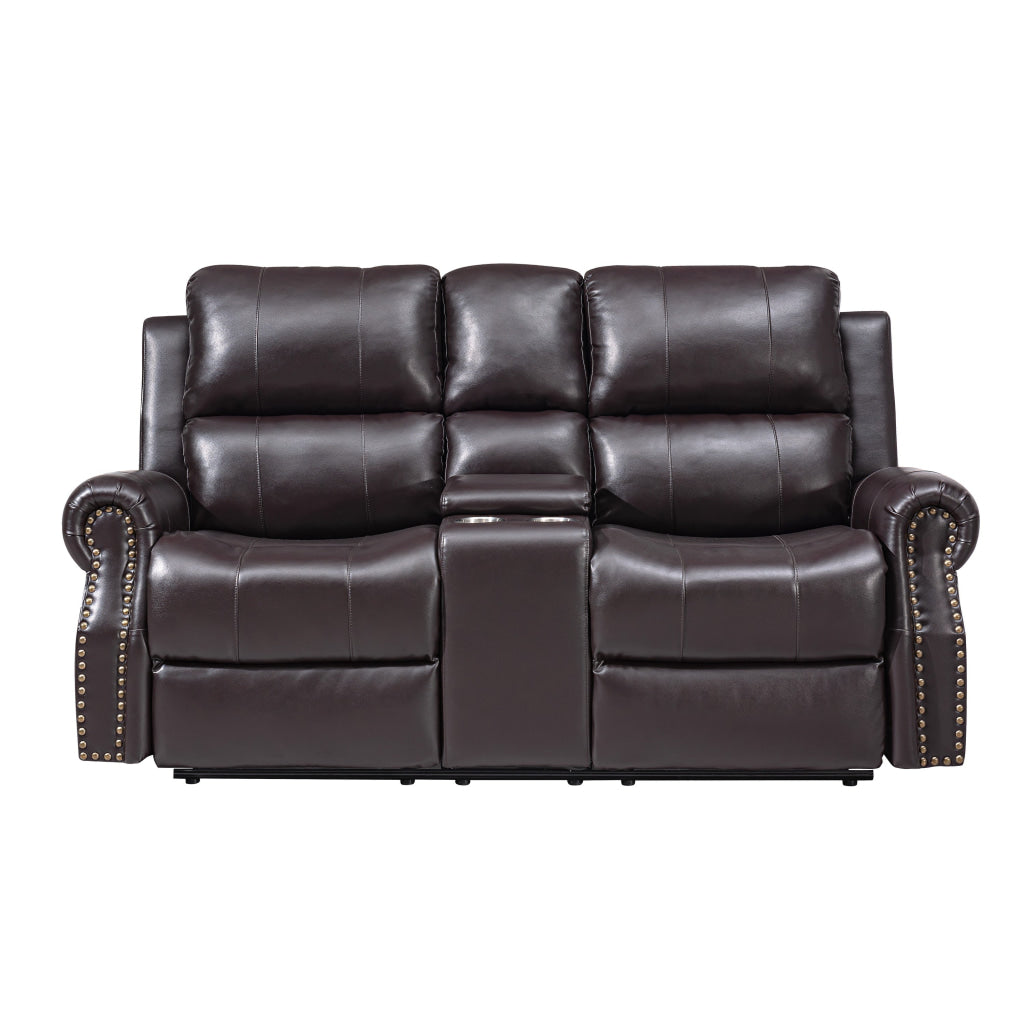 Tavi 74 Inch Console Loveseat Dual Manual Recliner Nailhead Trim Brown By Casagear Home BM316487