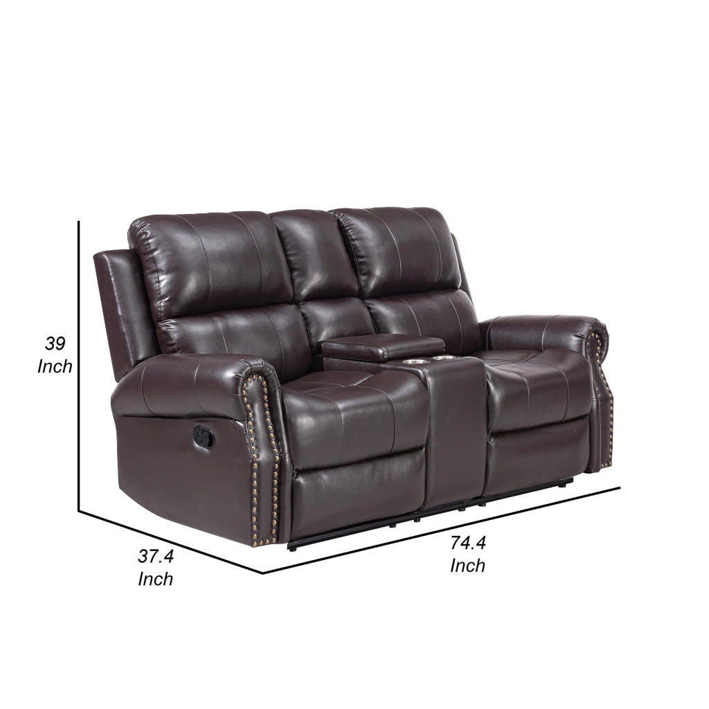 Tavi 74 Inch Console Loveseat Dual Manual Recliner Nailhead Trim Brown By Casagear Home BM316487