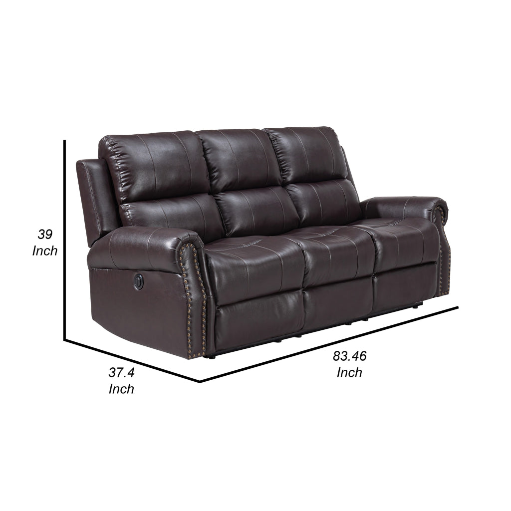 Tavi 83 Inch Sofa Power Recliner Nailhead Trim Cushioned Brown Finish By Casagear Home BM316490