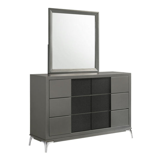 Rya 56 Inch Modern Wide Dresser with 6 Drawers, Gray Wood, Chrome By Casagear Home