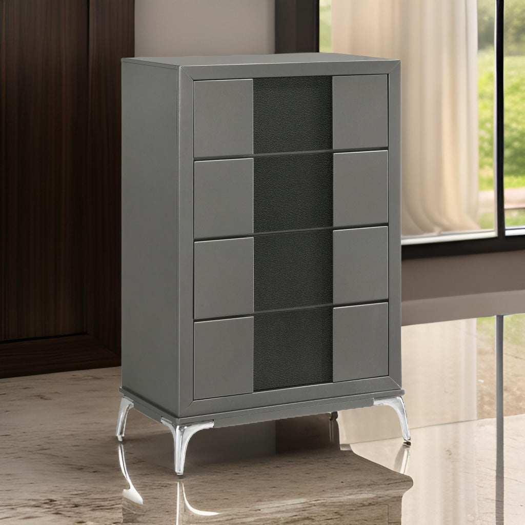 Rya 48 Inch Tall Dresser Chest 4 Drawers Gray Wood Angled Chrome Legs By Casagear Home BM316508