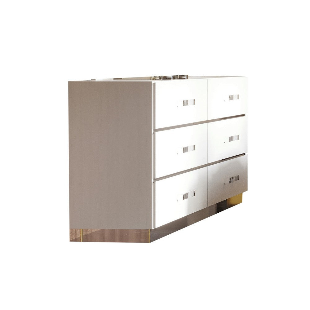 Ruo 60 Inch Modern Wide Dresser, 6 Drawers, Chrome Plinth Base, White Wood By Casagear Home