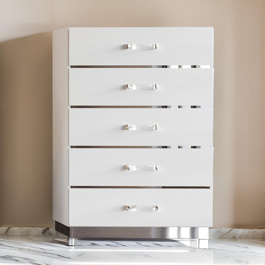 Ruo 50 Inch Tall Dresser Chest 5 Drawers Chrome Plinth Base White Wood By Casagear Home BM316511