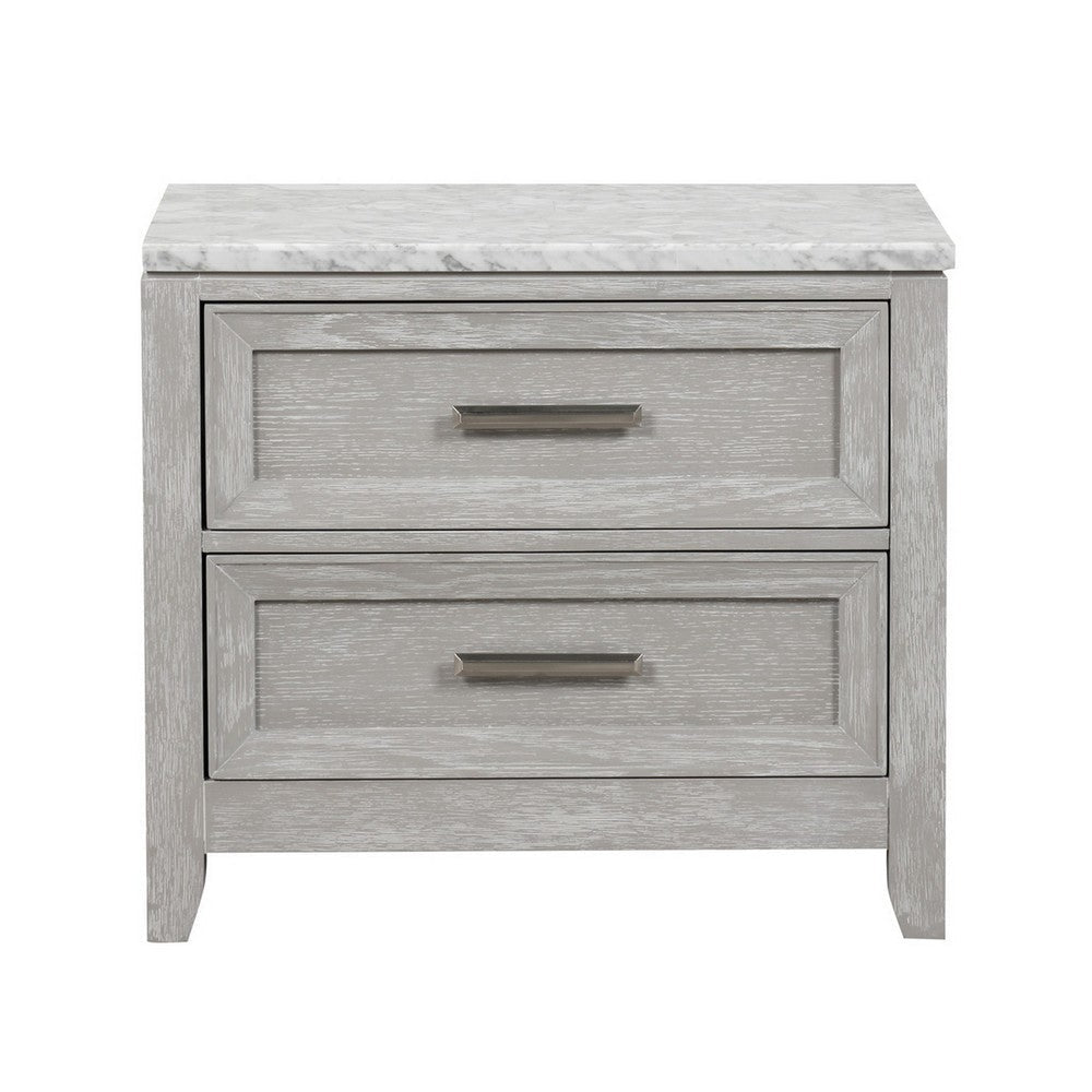 Ion 30 Inch Nightstand 2 Drawers White Marble Top Farmhouse Gray Wood By Casagear Home BM316513