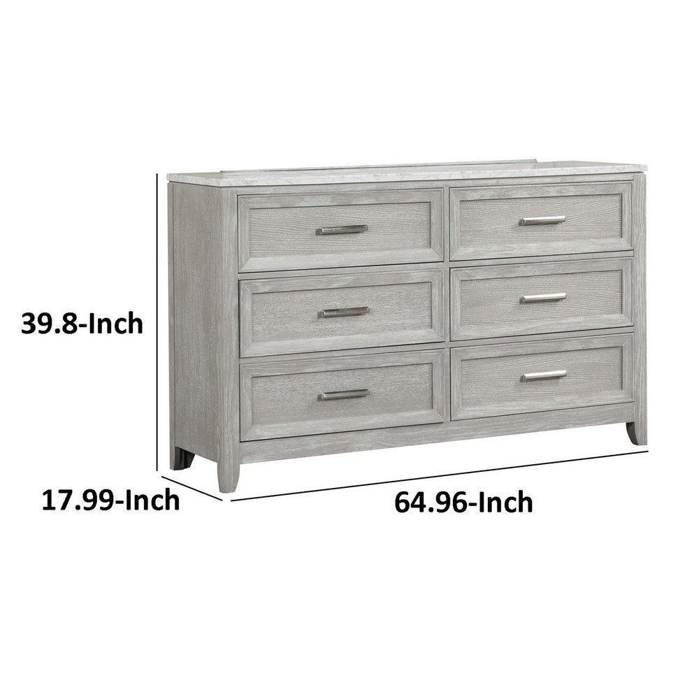 Ion 65 Inch Wide Dresser 6 Drawers White Marble Top Farmhouse Gray Wood By Casagear Home BM316514