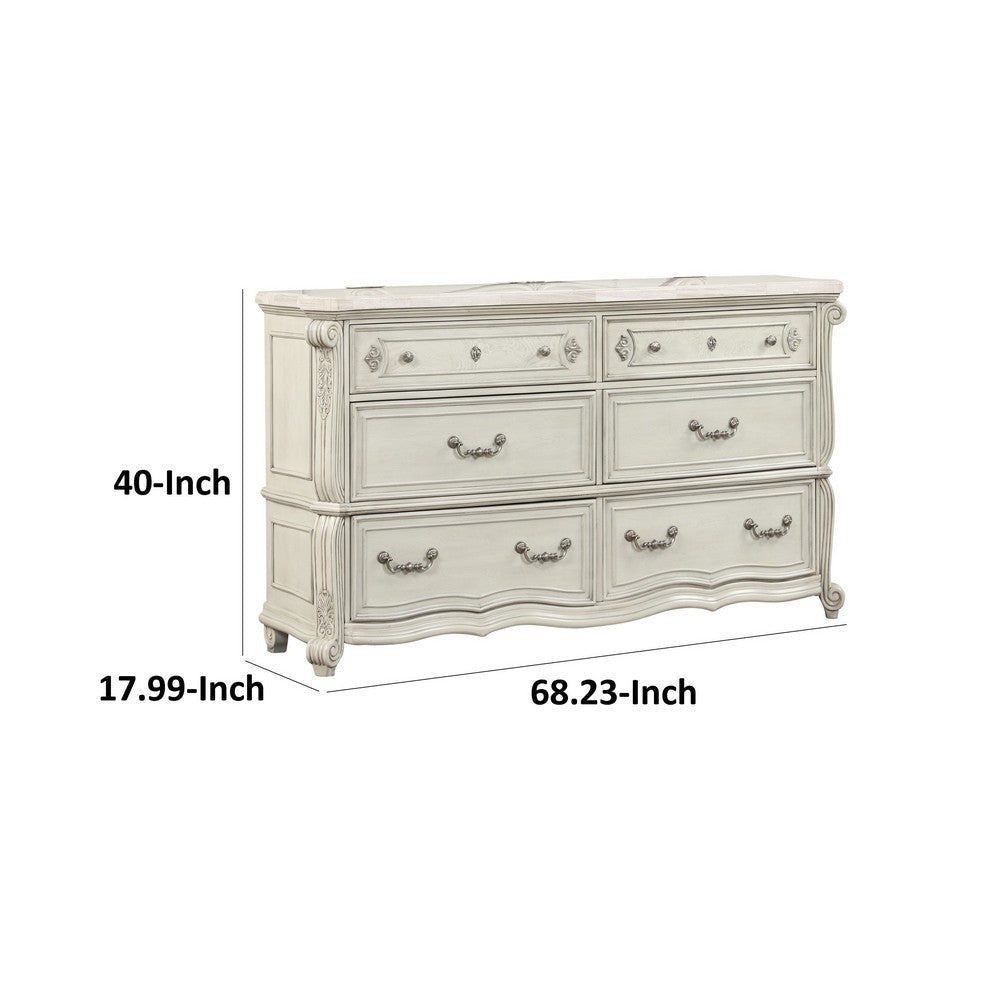 Ellia 68 Inch Wide Dresser Scrolled 6 Drawers Vintage Ivory White By Casagear Home BM316517