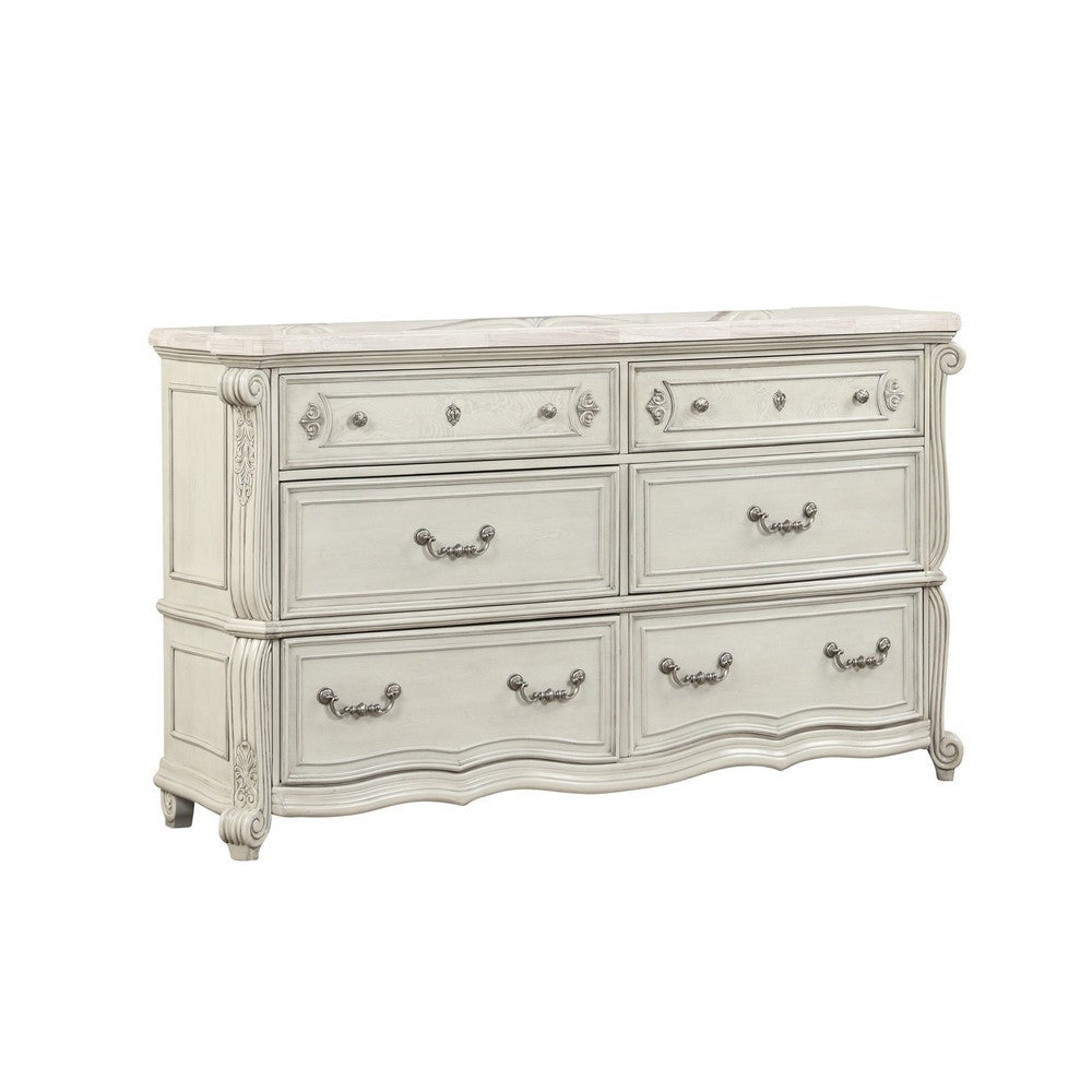 Ellia 68 Inch Wide Dresser, Scrolled, 6 Drawers, Vintage Ivory White By Casagear Home