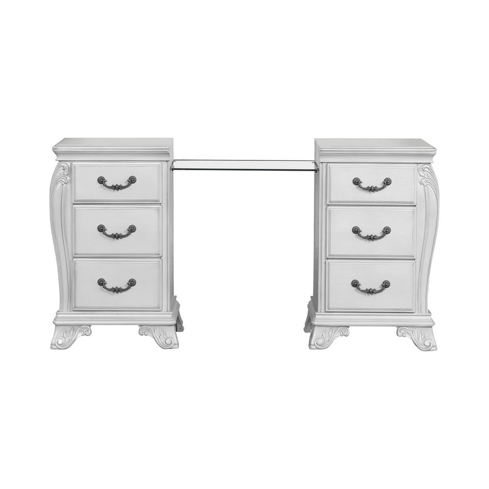 Hailey 67 Inch Vanity Table, Glass Bridge, 6 Drawers, USB, Scrolled Gray By Casagear Home