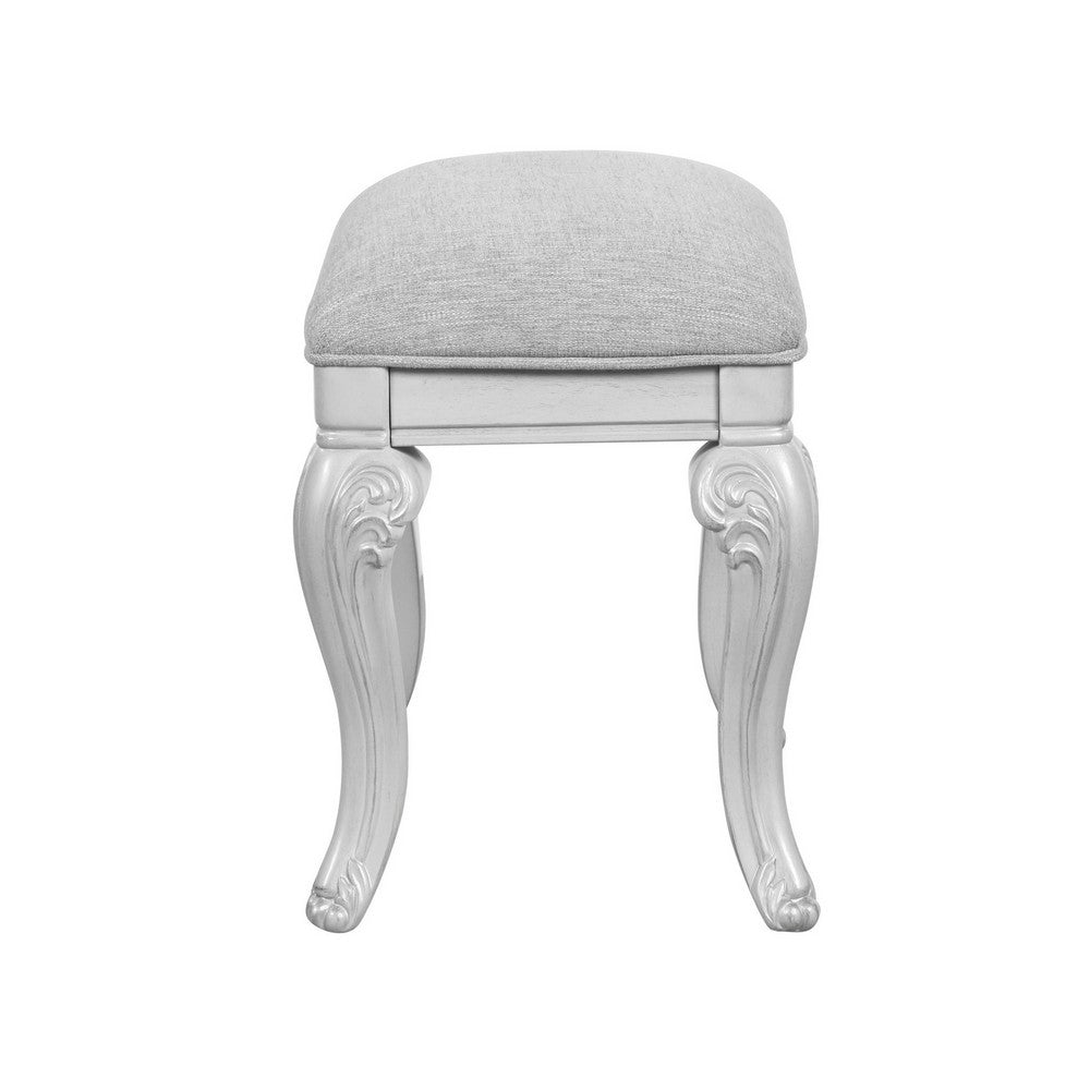 Hailey 19 Inch Royal Vanity Stool Scrolled Design, Gray Padded Top, Wood By Casagear Home