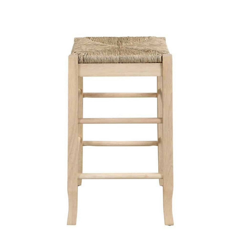 25 Inch Backless Counter Stool, Woven Rattan, Oak Brown Rubberwood Frame By Casagear Home