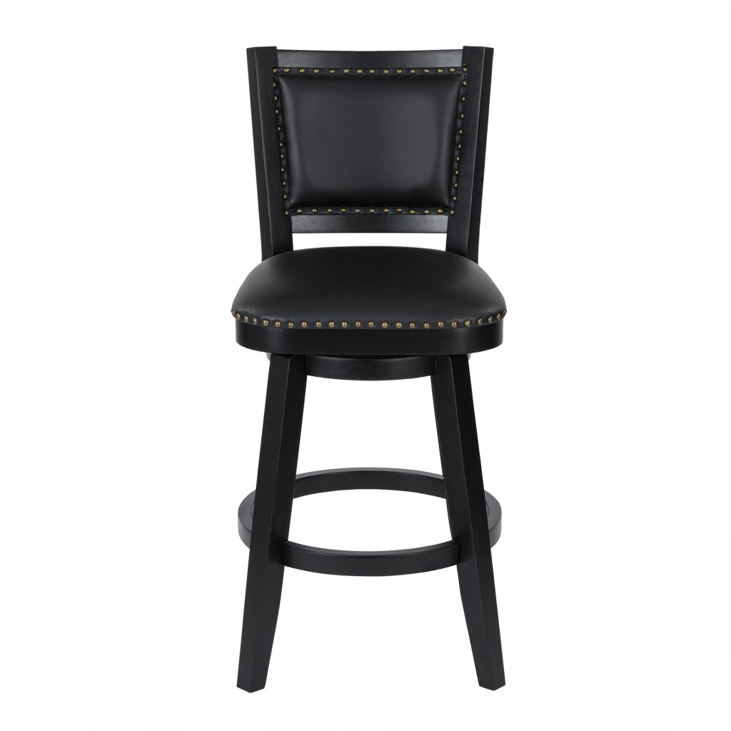 Kera Swivel Barstool Chair Black Wood Faux Leather Nailhead Trim By Casagear Home BM316532