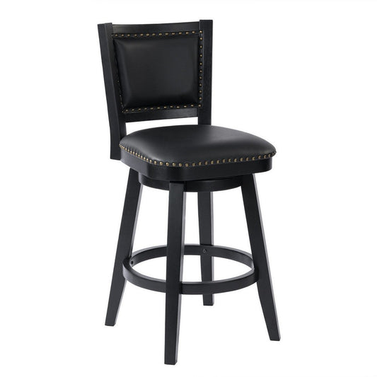 Kera Swivel Barstool Chair, Black Wood, Faux Leather, Nailhead Trim By Casagear Home