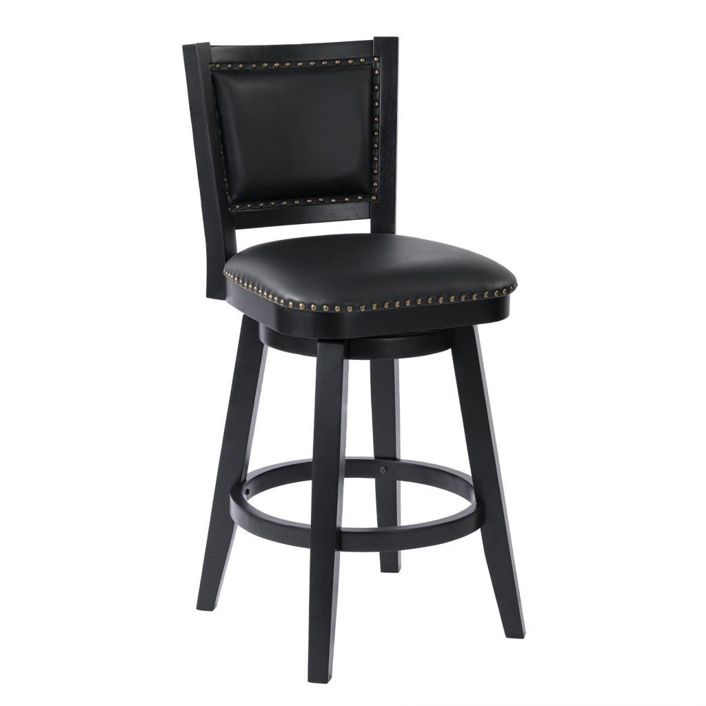 Kera Swivel Barstool Chair Black Wood Faux Leather Nailhead Trim By Casagear Home BM316532