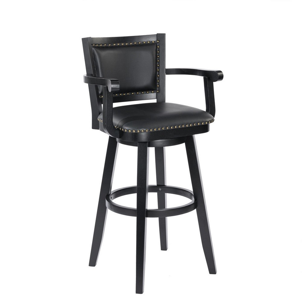 Kera 36 Inch Extra Tall Swivel Barstool Chair, Black Faux Leather, Nailhead By Casagear Home