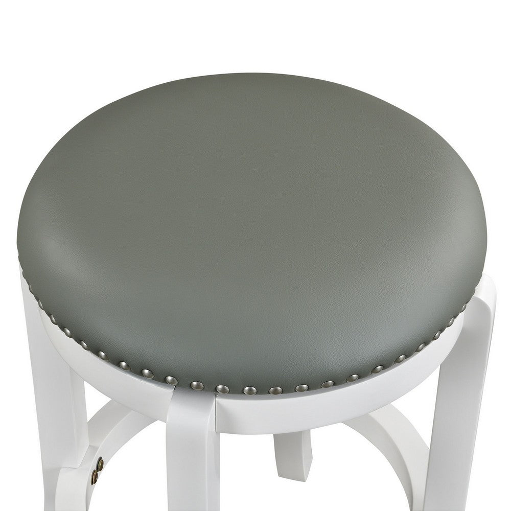 Ovi 25 Inch Backless Swivel Counter Stool, Gray Faux Leather, Nailhead Trim By Casagear Home