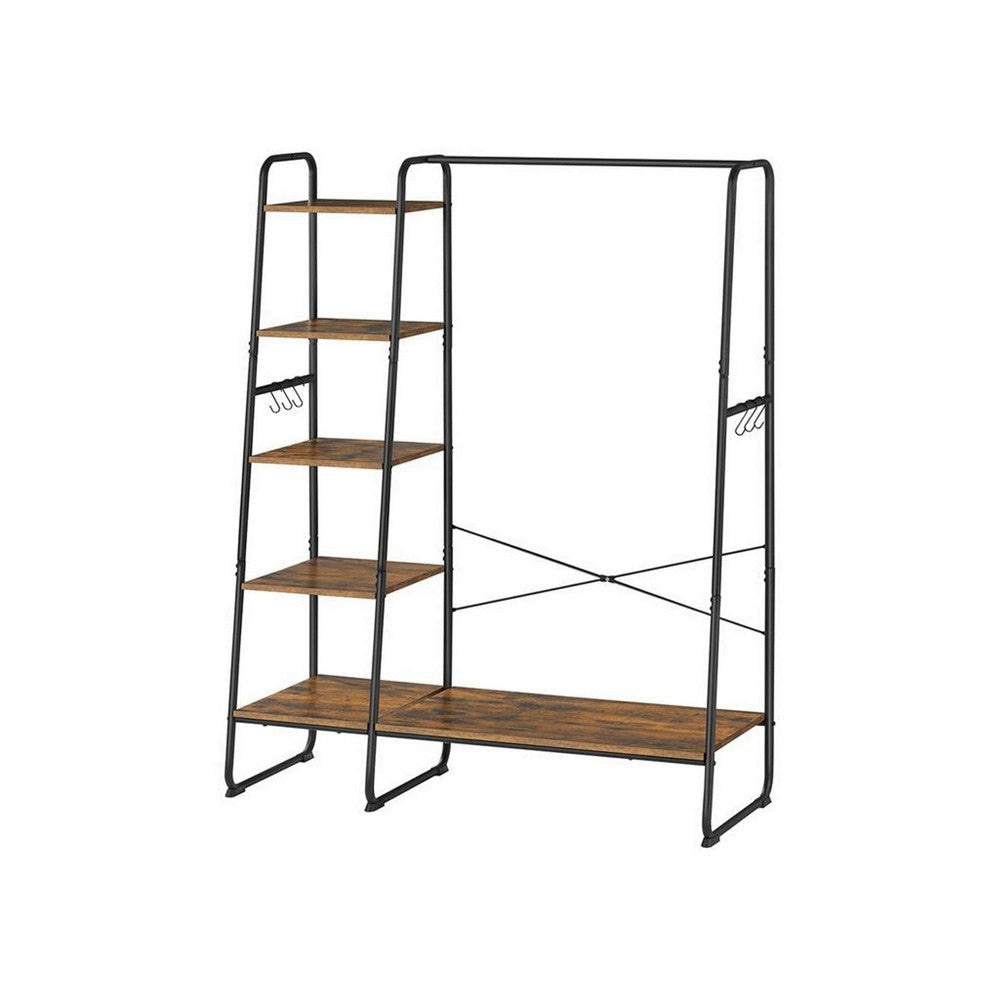 63 Inch Garment Hanging Rack 5 Tier Storage 6 Side Hooks Black Brown By Casagear Home BM316537