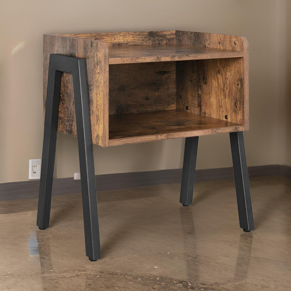 20 Inch Side End Table Nightstand, Stackable, Tray Top, Rustic Brown, Black By Casagear Home