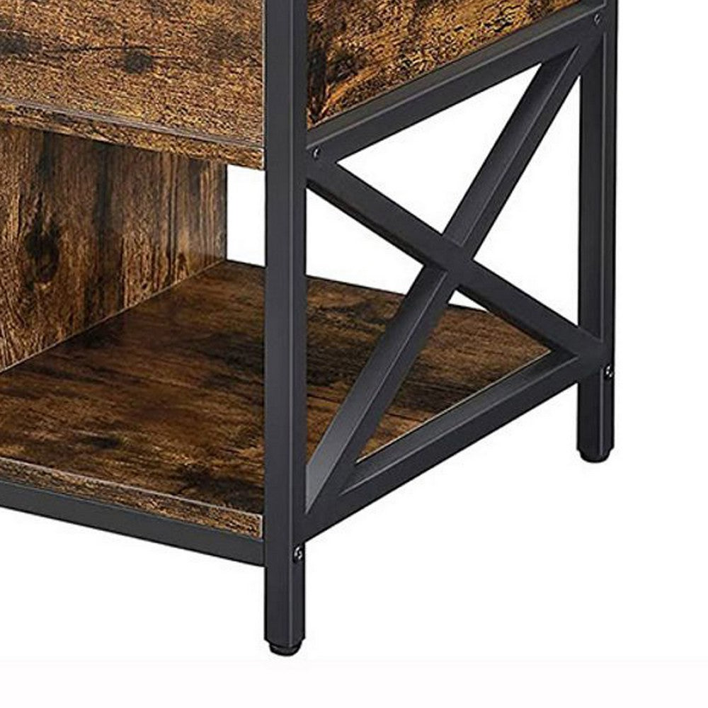 19-24 Inch Lift Top Coffee Table, Hidden and Open Storage, Rustic Brown, Black By Casagear Home