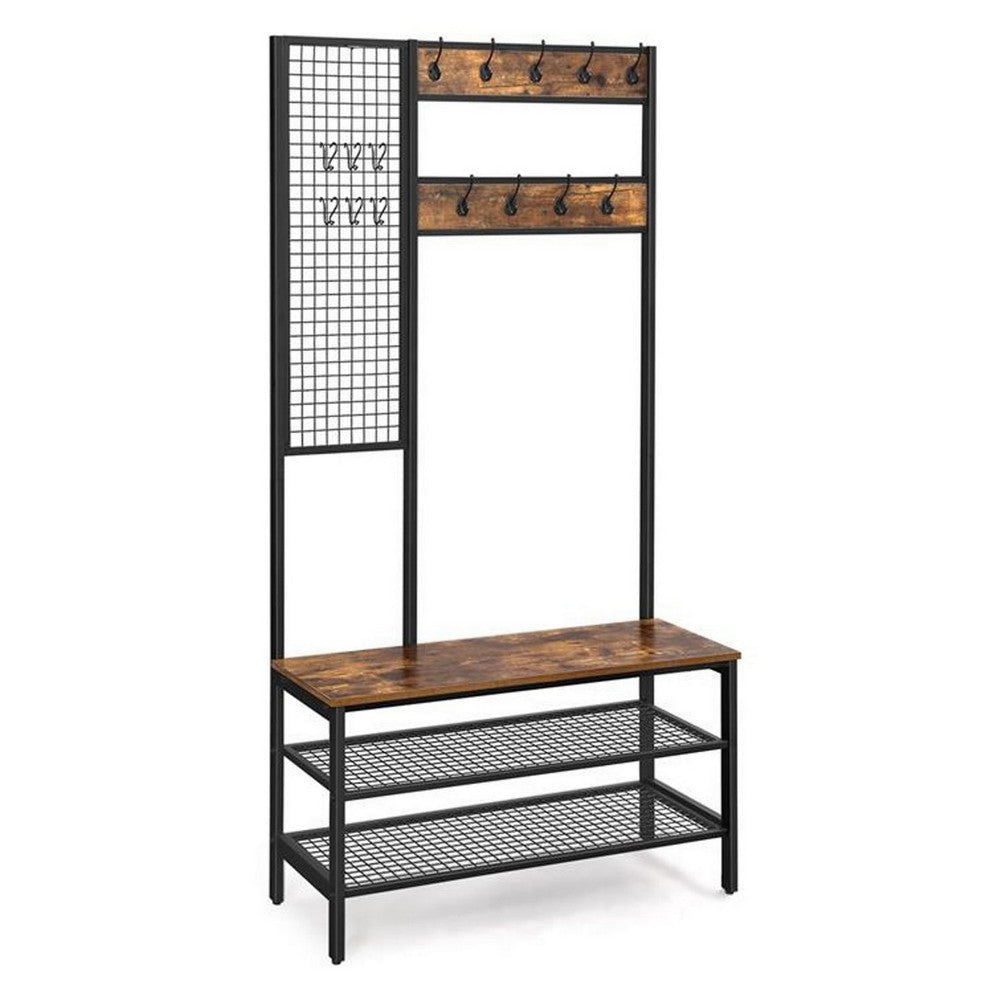 73 Inch Clothing Rack Horse 9 Coat Hooks 3 Shelves Grid Wall Brown Black By Casagear Home BM316550