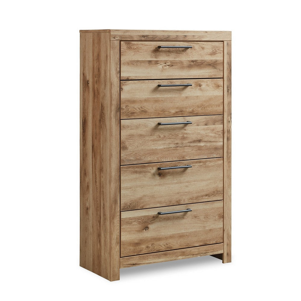 Oma 54 Inch Tall Dresser with 5 Gliding Drawers, Natural Brown Finish  By Casagear Home