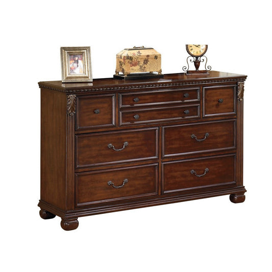 Ava 59 Inch Wide Dresser Chest, 7 Drawers, Antique Brass Handles, Brown By Casagear Home