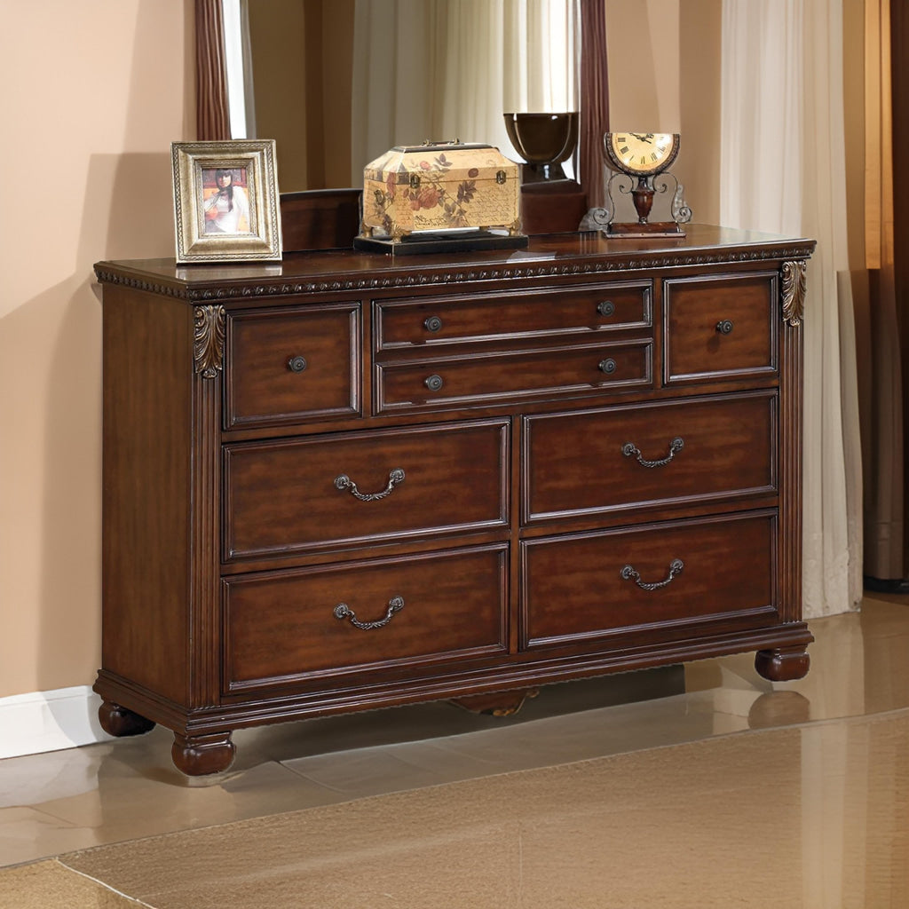 Ava 59 Inch Wide Dresser Chest, 7 Drawers, Antique Brass Handles, Brown By Casagear Home