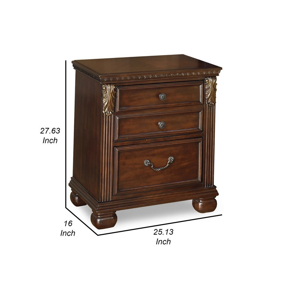 Ava 28 Inch Nightstand, 2 Modern Drawers, Antique Brass Handles, Brown By Casagear Home