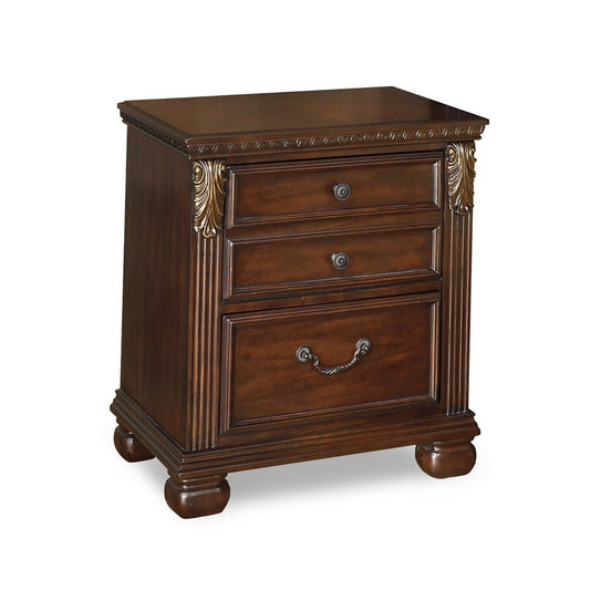 Ava 28 Inch Nightstand, 2 Modern Drawers, Antique Brass Handles, Brown By Casagear Home