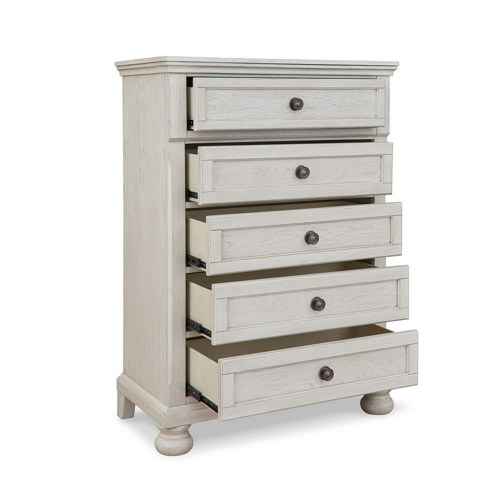 Lea 48 Inch Tall Dresser Chest 5 Gliding Drawers Wooden Bun Feet White By Casagear Home BM316579