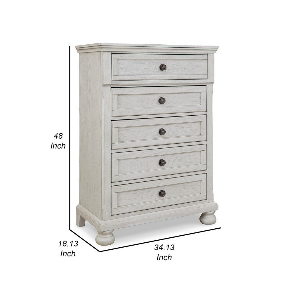 Lea 48 Inch Tall Dresser Chest 5 Gliding Drawers Wooden Bun Feet White By Casagear Home BM316579