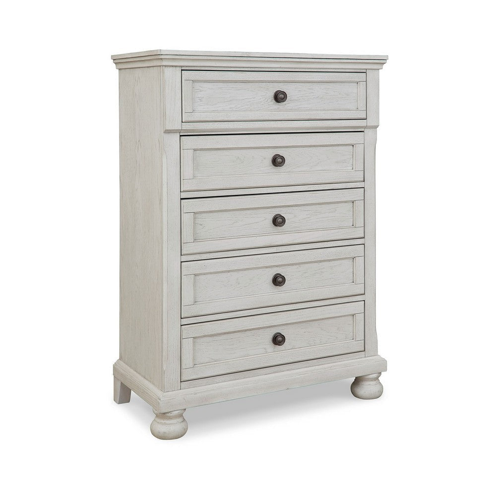 Lea 48 Inch Tall Dresser Chest, 5 Gliding Drawers, Wooden Bun Feet, White By Casagear Home