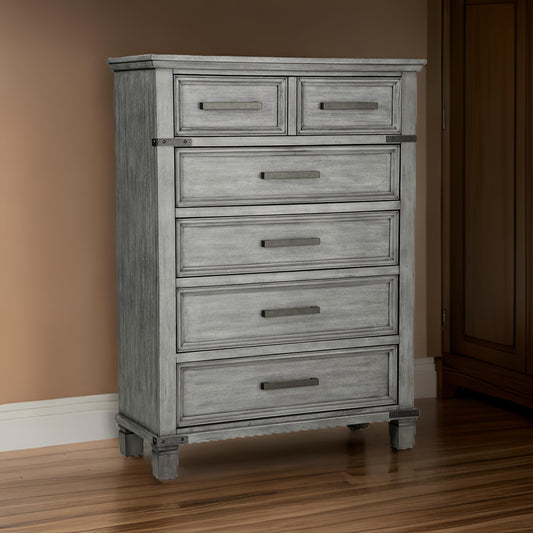 Zac 57 Inch Tall Dresser Chest, 5 Drawers, Metal Accents, Light Gray  By Casagear Home