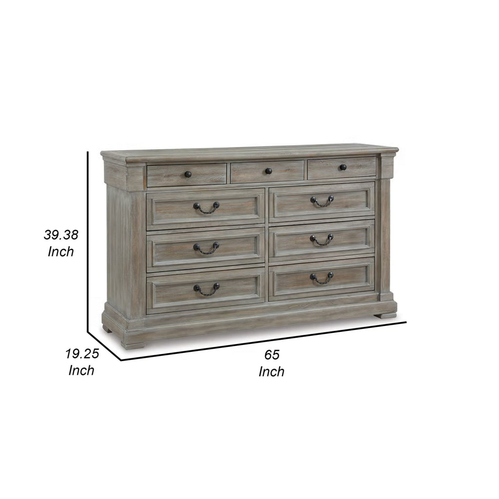 Paul 65 Inch Wide Dresser Chest 9 Gliding Drawers Wire Texturing Gray By Casagear Home BM316595