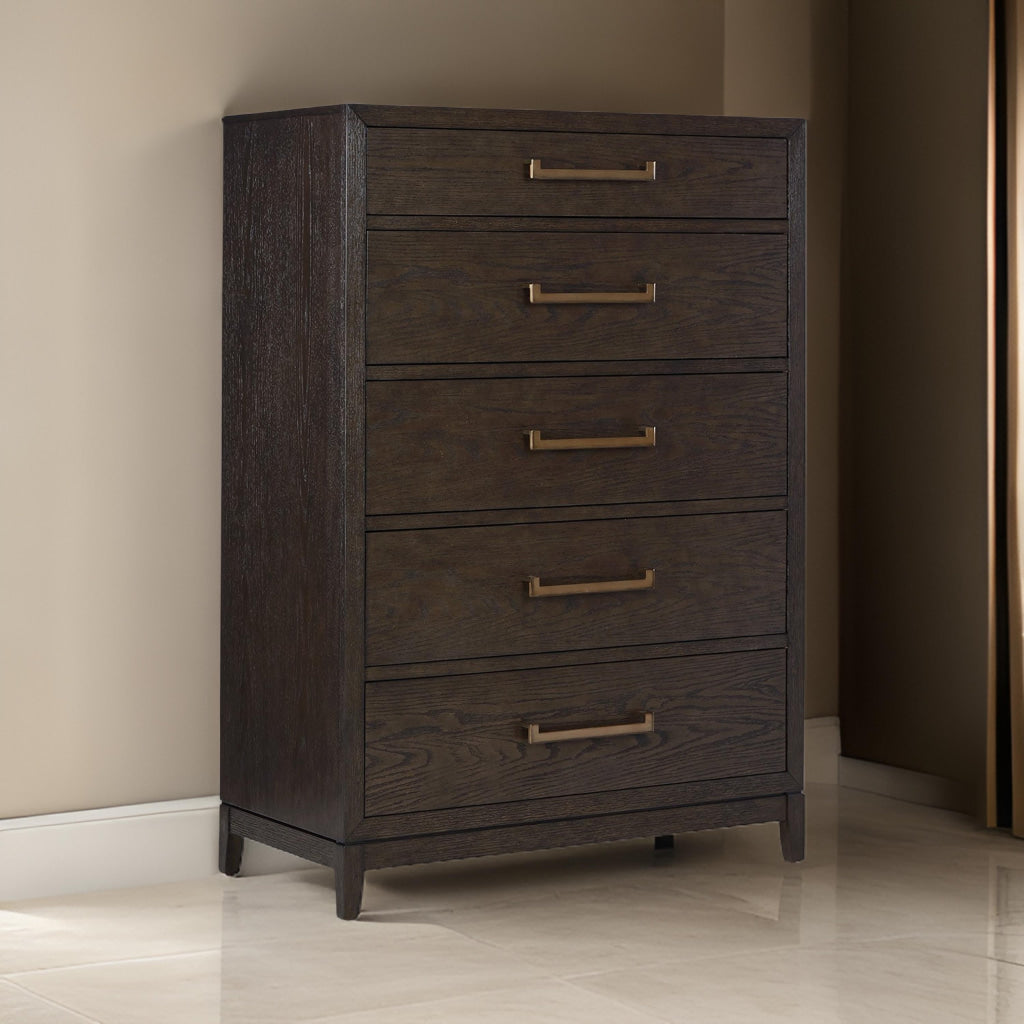 Cora 58 Inch Tall Dresser Chest, 5 Gliding Drawers, Metal Handles, Brown By Casagear Home