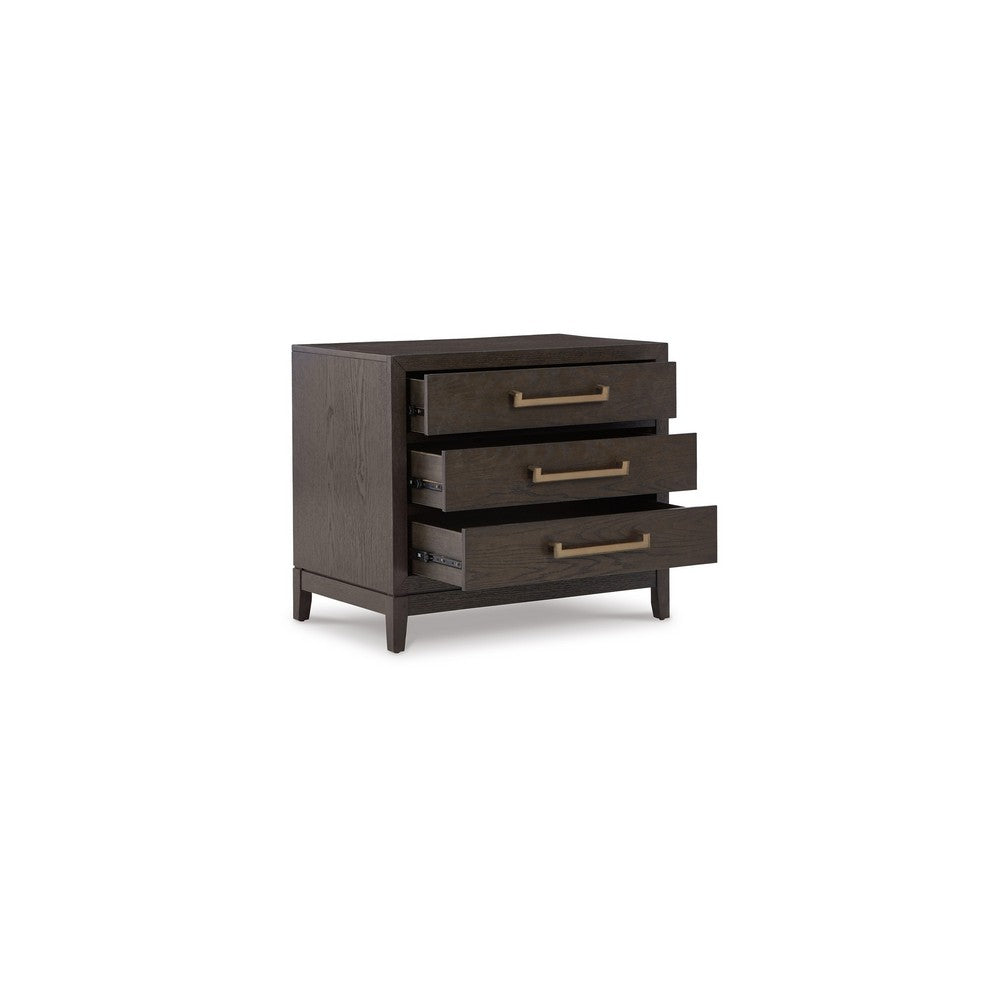 Cora 32 Inch Bedside Nightstand, 3 Gliding Drawers, Metal Handles, Brown By Casagear Home