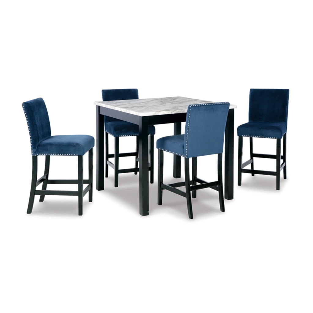 5 Piece Dining Set with Counter Table, 4 Counter Stools, Black and Blue By Casagear Home