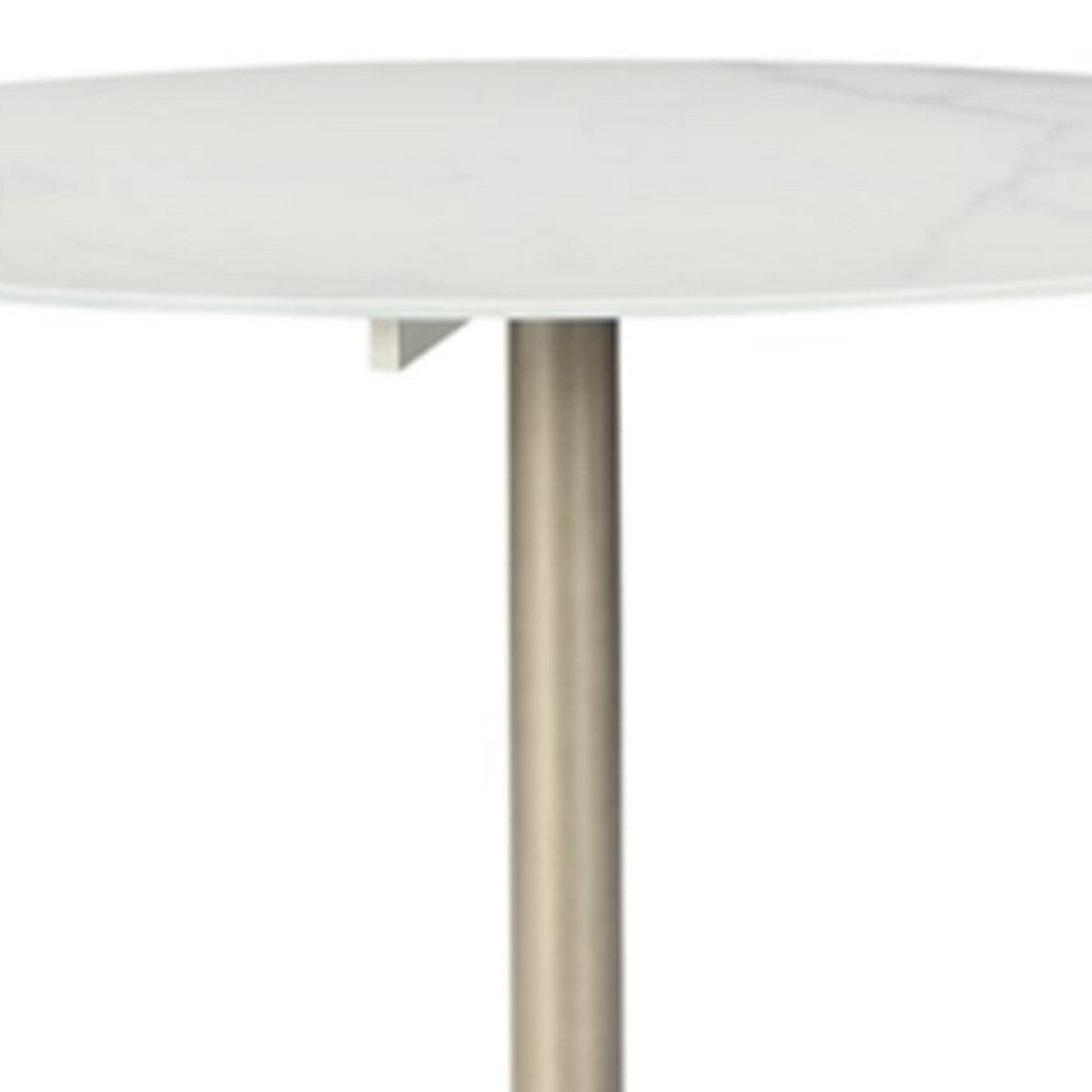 40 Inch Dining Table Marble Print Surface Crisp White and Gold Finish By Casagear Home BM316619