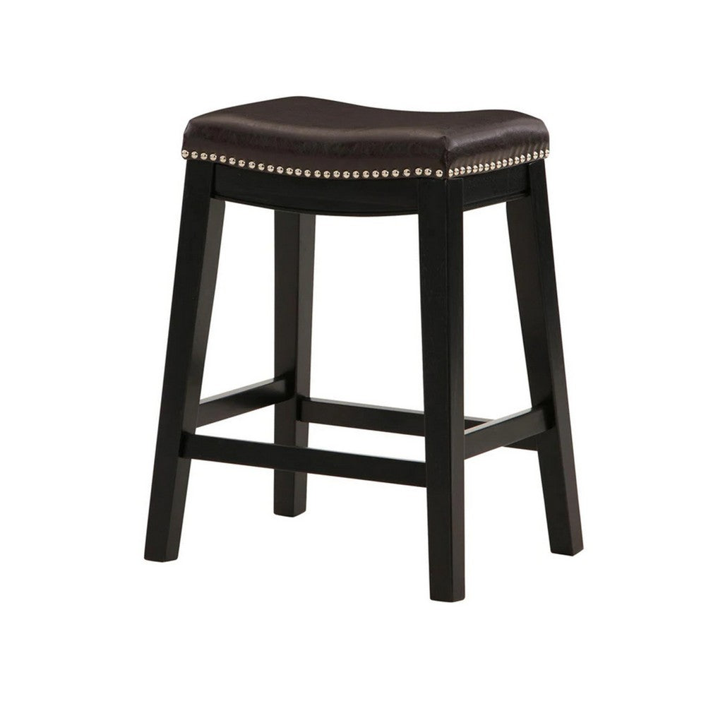 Gia 25 Inch Counter Height Stool, Set of 2, Faux Leather Upholstery, Brown  By Casagear Home