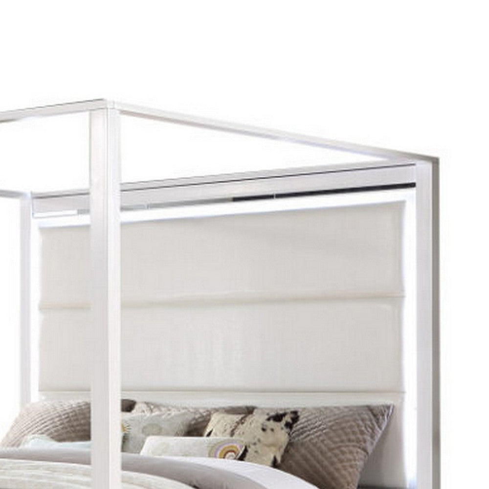 Dio King Canopy Bed Tall LED Headboard White Faux Leather Upholstery By Casagear Home BM316655