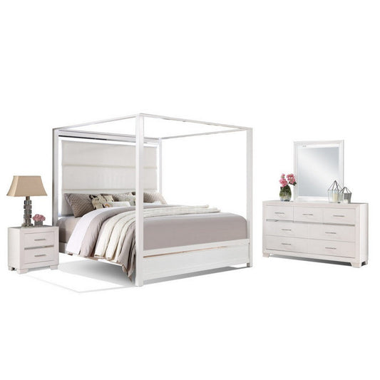 Dio 4pc King Canopy Bedroom Set with Nightstand, Dresser, Mirror, White By Casagear Home